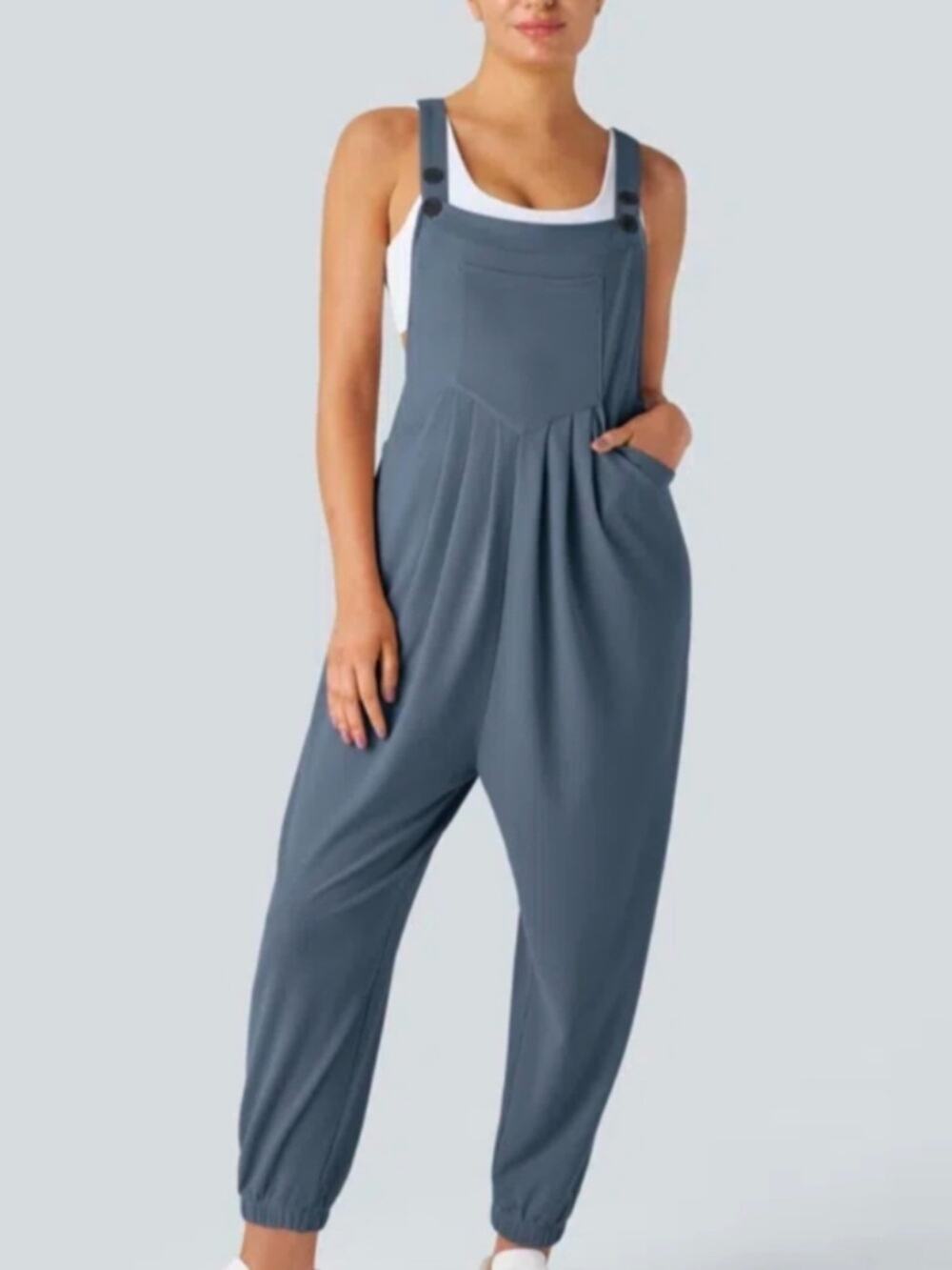 Halara Pockets Waffle Casual Jogger Overalls Blue Grey Size Medium